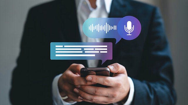 Man Using Voice Assistant on Smartphone for Texting and Communication in the Office