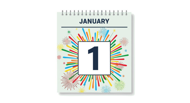 Calendar page showcasing January 1st date with festive burst design representing New Year celebration kickoff