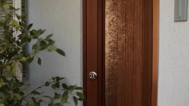Elegant Wooden Doorway with Plant and Intercom System.