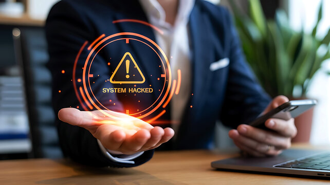 System Hacked Alert on Businessmans Hand Representing Cybersecurity Threat and Data Breach Incident Response