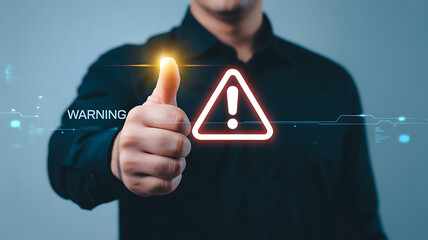 Thumbs up with a warning sign emphasizing caution and potential risks ahead with a futuristic tech display