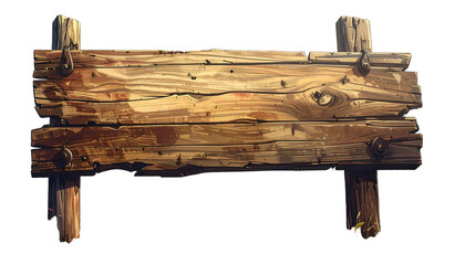 A textured, weathered wooden sign, attached to posts with metal bolts, against a stark black backdrop