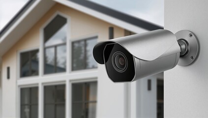 Three-quarter angle shot of a varifocal security camera positioned in front of a residential building