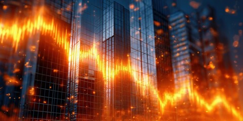 Concept of economic risk trends. A dynamic cityscape with glass skyscrapers, overlaid by a vibrant, fiery graph, symbolizing growth and innovation in a futuristic urban environment.