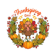 Illustration of hand drawn thanksgiving day cartoon turkey with autumn harvest wreath isolated on transparent background