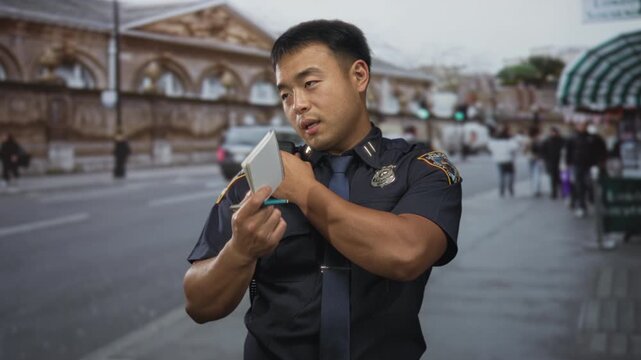 Policeman writes notes in notepad with bare hand while holding shoulder radio mic on busy city street; duty.