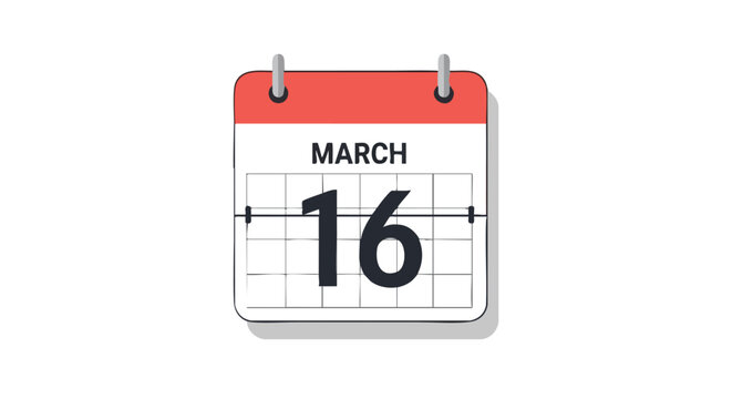 Stylized calendar icon displaying March 16th date representation of essential scheduling events and reminders with a minimalist design