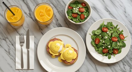 Elegant top-down view breakfast spread Eggs Benedict, salads, and orange juice on a marble surface