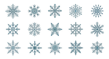 Collection of fifteen intricate blue snowflake designs on a white background.