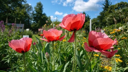 Garden Scene with Blooming Opium Poppies