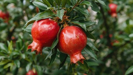 Juicy red fruits grow on garden pomegranate trees, perfect for making delicious juice.