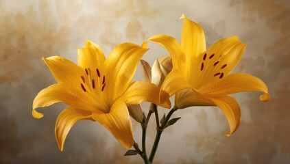 Opulent big blossoms emitting a delightful scent. Lily. Lilium. Artistic backdrop highlighting natural elegance. Gorgeous yellow flowers.