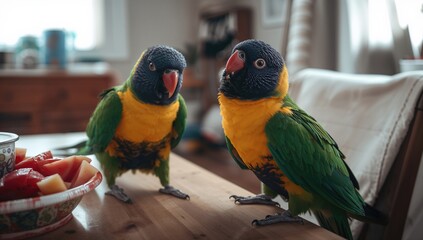 A pair of colorful parrots enjoying indoor surroundings