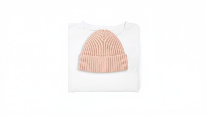 Overhead shot of a beanie and a folded t-shirt on a white surface