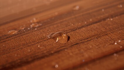 Droplets of water resting on a wooden texture