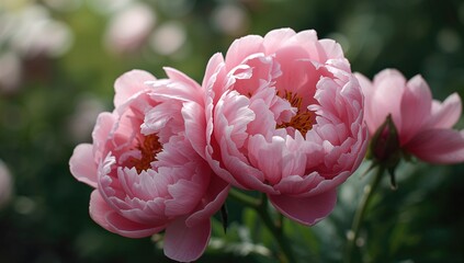 Close-up of vibrant pink peony blossoms with a soft-focus backdrop