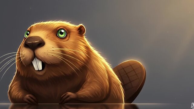 Cartoon beaver with green eyes and large teeth, standing proud against grey backdrop