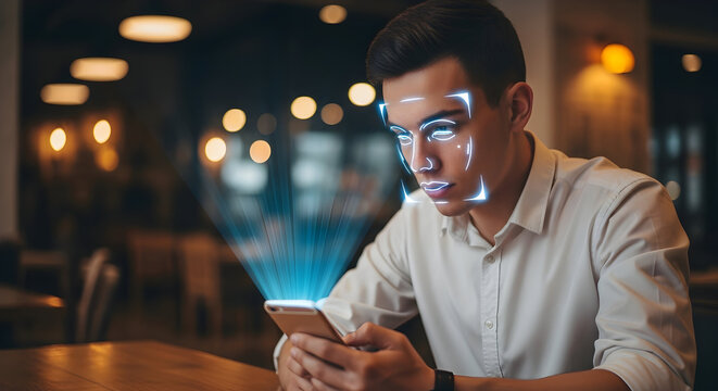 Future of Communication Artificial Intelligence Facial Recognition Technology and Human Interaction in the Modern World Digital Transformation Augmented Reality Revolution - Powered by Adobe