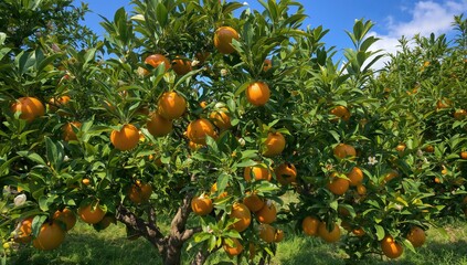 Juicy ripe citrus fruits dangling from branches in a sunny grove.