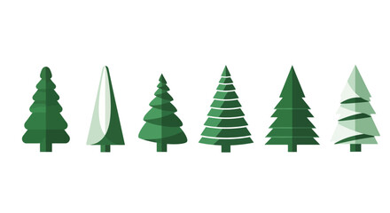 A collection of six stylized evergreen trees in various shades of green, each with a unique geometric design.