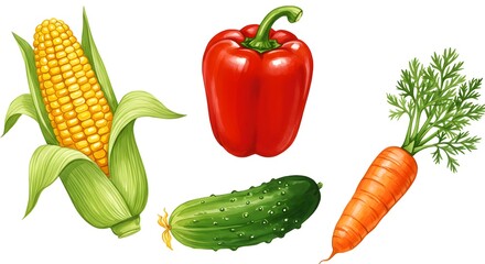Colorful, realistic illustrations of corn, red pepper, cucumber, and carrot on white