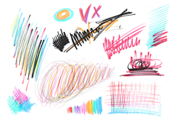 Photo grunge hand drawn scribble lines, symbols and shapes, isolated on white, clipping path	