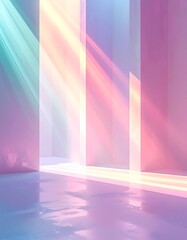 Colorful rays of light filter through geometric forms, creating an ethereal, soft, and reflective ambiance