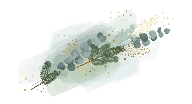Watercolor illustration of eucalyptus branch with pine needles and gold dots on a light green background.