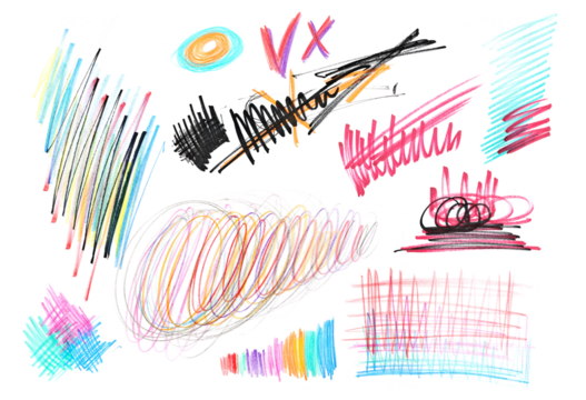 Photo grunge hand drawn scribble lines, symbols and shapes, isolated on white, clipping path	