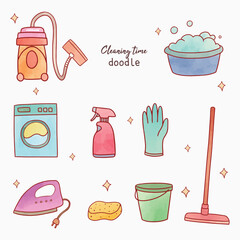 Cute cleaning time doodle vector isolated cartoon icon collection set. Illustration of clean equipment like laundry, vacuum, gloves, sponge, for children, asset, design, poster