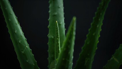 Detailed view of fresh aloe vera leaves used for natural skin and hair treatments against a dark backdrop