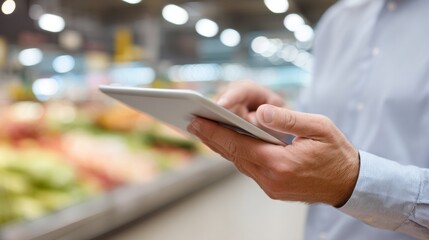 A man uses a tablet to analyze customer data in a vibrant grocery store. The atmosphere is busy with fresh produce and shoppers, showcasing the blend of technology and commerce