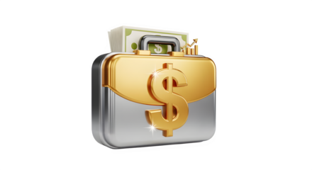 A golden and silver briefcase with a dollar sign on it, filled with banknotes, isolated on transparent background