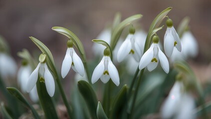 Detailed view of white early spring snowdrop flowers with a soft-focused background.