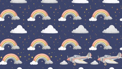 Seamless kids' pattern with vintage airplanes, rainbows, clouds, and stars in pastel watercolor tones.
