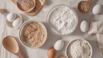 Detailed view of essential baking components and culinary utensils in a food preparation theme.