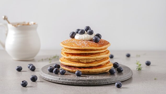Stack of tasty sweet pancakes topped with poppy seeds, yogurt, and fresh blueberries on a grey stone surface, perfect for breakfast