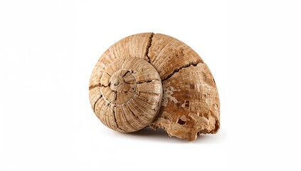 Fototapeta premium Ancient fragmented petrified marine snail shell on a plain white backdrop