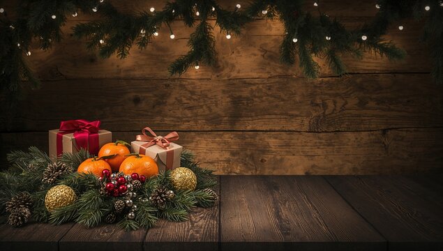 Festive arrangement featuring mandarins and presents on rustic wooden surface adorned with holiday lights