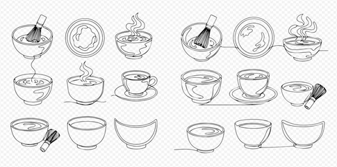 Hand-drawn sketch illustrations of matcha tea preparation and serving in various bowls and cups, depicting whisking, pouring, and steaming.