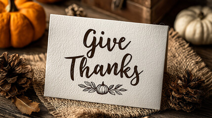 Give thanks thanksgiving card pumpkins pine cones burlap autumn holiday
