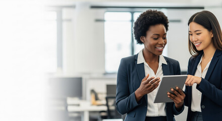 Business Collaboration Concept with two diverse happy businesswomen working together on tablet computer in modern office, showing teamwork with copy space for text
