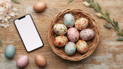 Smartphone displaying blank screen beside basket of Easter eggs on wooden surface