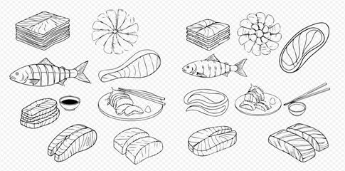 Detailed line art illustration of various seafood items including whole fish, fillets, sushi, and sashimi with chopsticks and sauce.