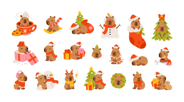 Set cute christmas capybaras in different poses and christmassy items. Hand drawn cartoon flat vector style. Holiday seasonal decoration for design, kids collection, stickers