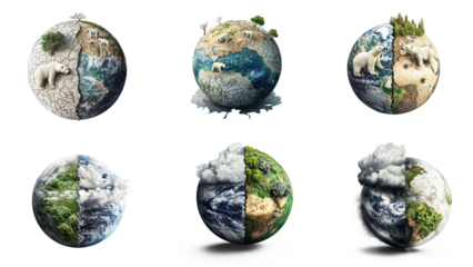 Collection of 3D globe with polar bears on one side, and deforestation and drought on the other, illustrating the consequences of climate change. full length isolate on transparent background