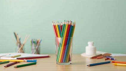 Vibrant colored pencils stored in a clear container on a desk in a kid's play area, isolated on a plain background, representing creativity and learning