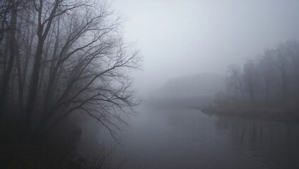 Fototapeta premium Fog Envelopes Leafless Trees Along the Riverside