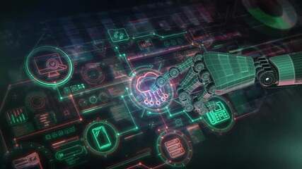 Robotic hand interacting with futuristic financial data interface - Powered by Adobe