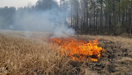 Post-harvest wheat stubble ignites near forest area amid dry conditions
